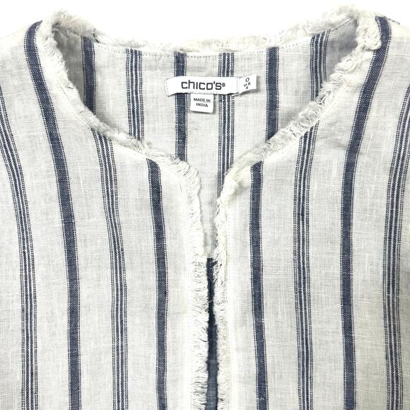 Chico's Size 0 (S/4) Stripe Linen Frayed Open Front Jacket Lined Career Wear - Picture 10 of 12